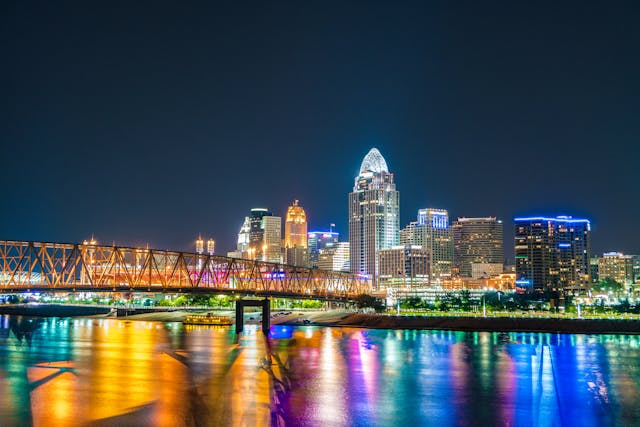 Cincinnati skyline at dusk reflected in the Ohio River.