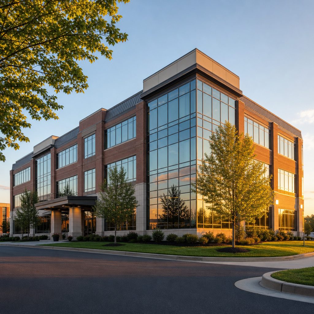 Modern low-rise commercial office building with a brick and glass facade at sunset