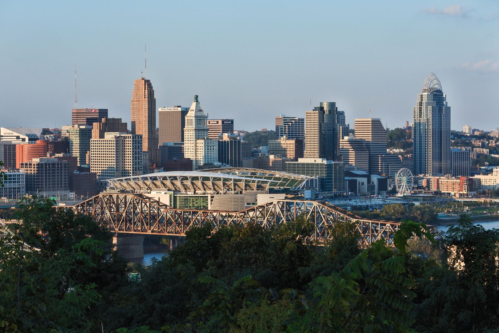 Aerial view of downtown Cincinnati, Ohio skyline and Ohio River
