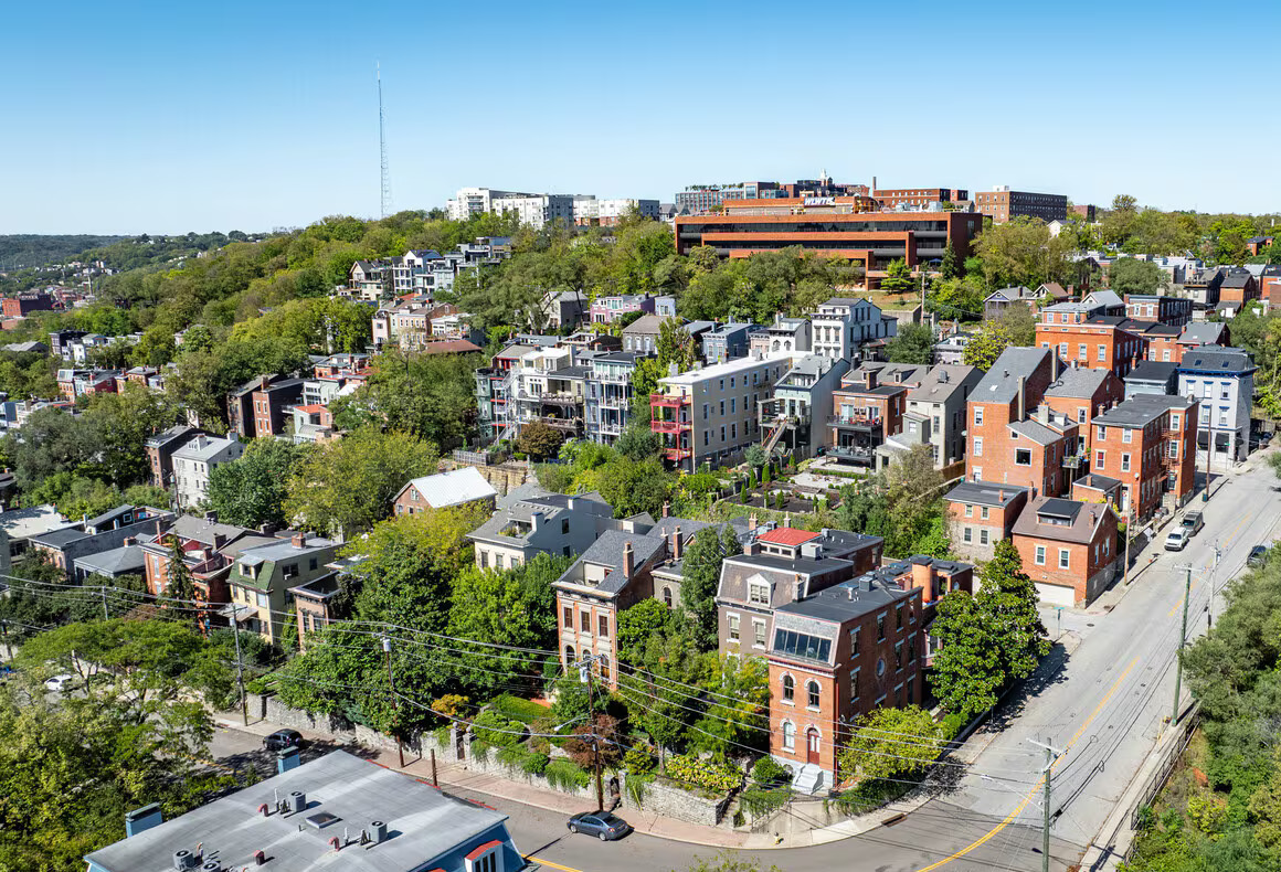 Aerial view of Mount Auburn neighborhood in Cincinnati, Ohio